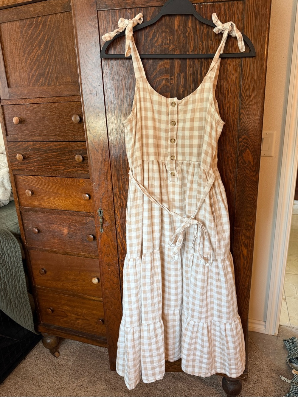 Little Cottonwood Magnolia Gingham Midi Dress in Beige